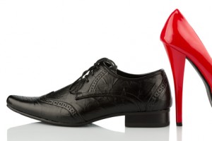 red high heels and men's shoe